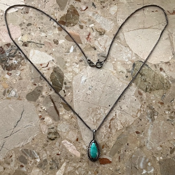 VTG Turquoise Sterling Silver Teardrop Handmade Necklace Signed CT - Picture 4 of 8